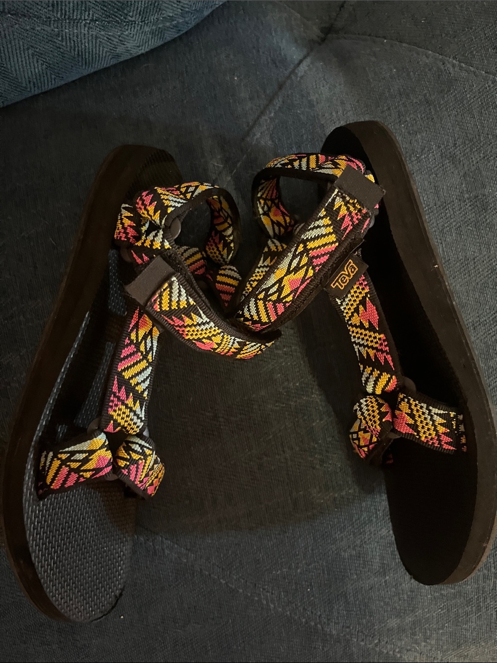 Teva Women's Black Sandals with Pink & Yellow Patterned Straps - Picture 3 of 4